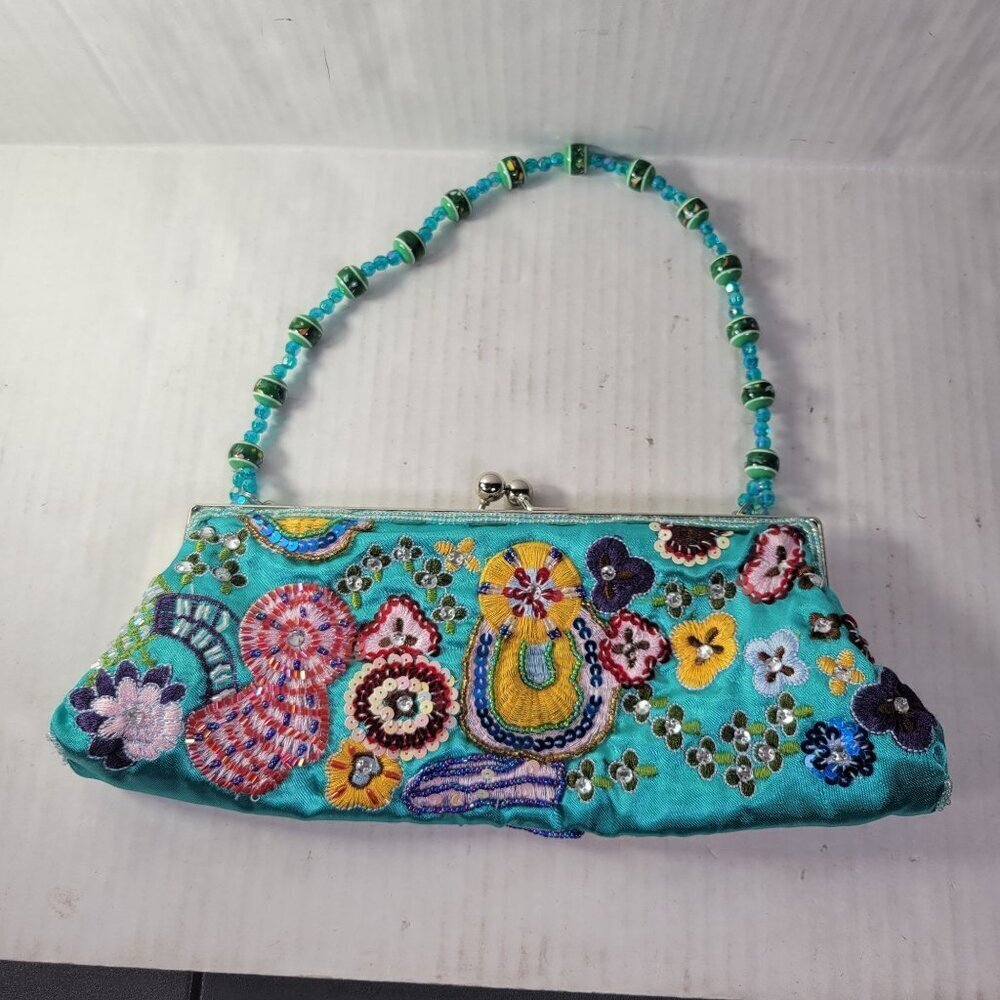 Turquoise Hand Beaded & Embroidered Floral Satin Clutch Purse With Beaded Handle - Picture 3 of 8